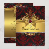 Elégant or rouge Damask Quinceanera Invitation (Devant / Derrière)