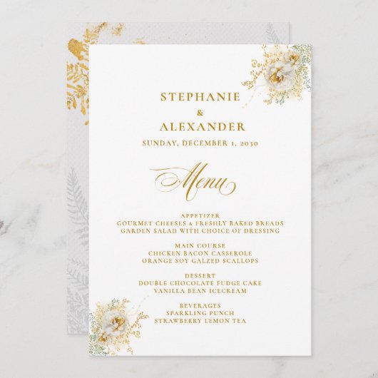 Élégant or Script Floral Mariage Menu (Devant / Derrière)