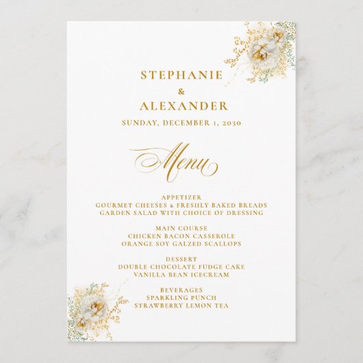 Élégant or Script Floral Mariage Menu (Devant)