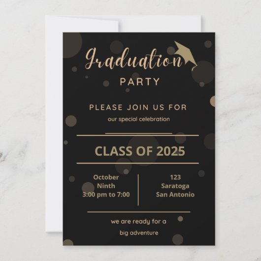 Elégant Or sur Black Graduation Party Invitation (Devant)