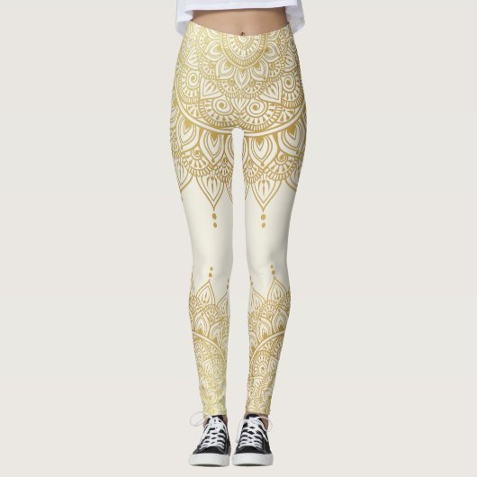 Elégant or sur crème Floral Henna Mandala Legging (Devant)
