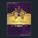 Elégant or violet Sweet sixteen Damask Invitation<br><div class="desc">Joyau élégant violet et damas avec arc en soie dorée et tiare. Plus de couleurs disponibles dans le Little Bayleigh Store!</div>