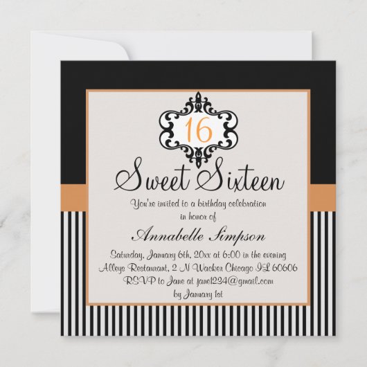 Élégant orange et noir chic doux 16 Invitation (Devant)