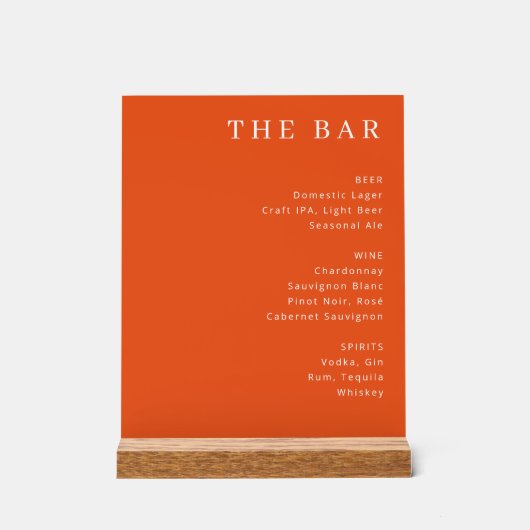 Elegant Orange Serif Bar Menu Acryl Bord (Voorkant)
