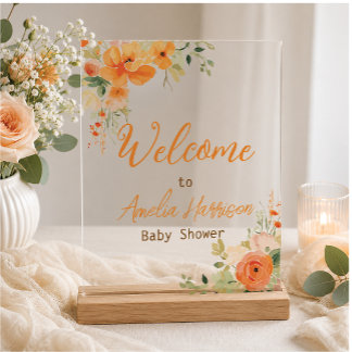 Elegant Oranje Bloemige Baby Shower Acryl Bord