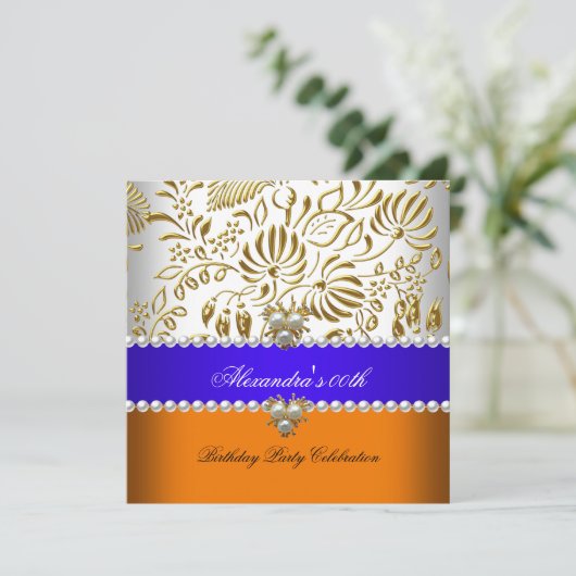 Elegant Oranje Blue Damask Pearl Party Kaart (Staand voorkant)