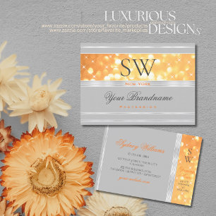 Elegant Oranje Glitter Monogram Gray Silver Border Visitekaartje