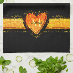 Elegant Oranje Heart Valentine day Black Monogram Theedoek