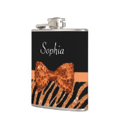 Elegant Oranje Zebra Print FAUX Glitz Bow and Name Heupfles (Links)