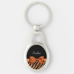 Elegant Oranje Zebra Print FAUX Glitz Bow and Name Sleutelhanger
