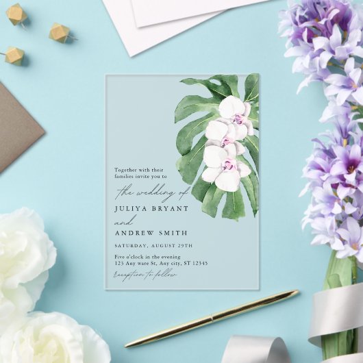 Elegant Orchid on Tropical leaf script wedding Acryl Uitnodigingen (Insitu (Huwelijk))