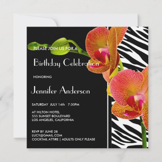 Elégant Orchidées Zebra Imprimer Invitations de fê (Devant)