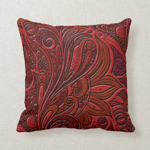 Elegant Oriental Floral Swirl op rood leder Kussen