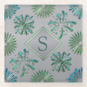 Elegant Ornate Blue Green Pattern Monogram Glazen Onderzetter (Voorkant)