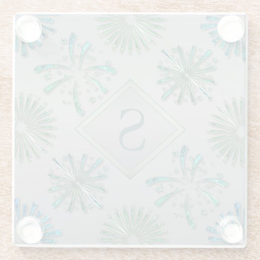 Elegant Ornate Blue Green Pattern Monogram Glazen Onderzetter (Achterkant)