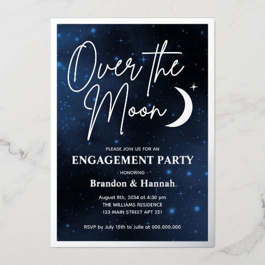 Elegant over Moon Engagement Party Real Silver Folie Uitnodiging (Voorkant)
