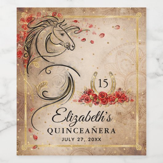 Elegant paardenrood en goud perkament papier wijn etiket (Enkel label)