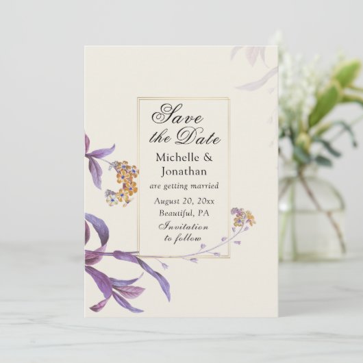 Elegant Paars Beige Floral Inspirerend Save The Date (Staand voorkant)
