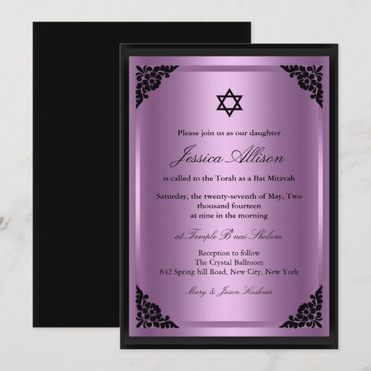 Elegant Paars & Black Bat Mitzvah Uitnodiging (Voorkant / Achterkant)