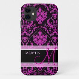 Elegant Paars & Black Damask met monogram iPhone 11 Hoesje