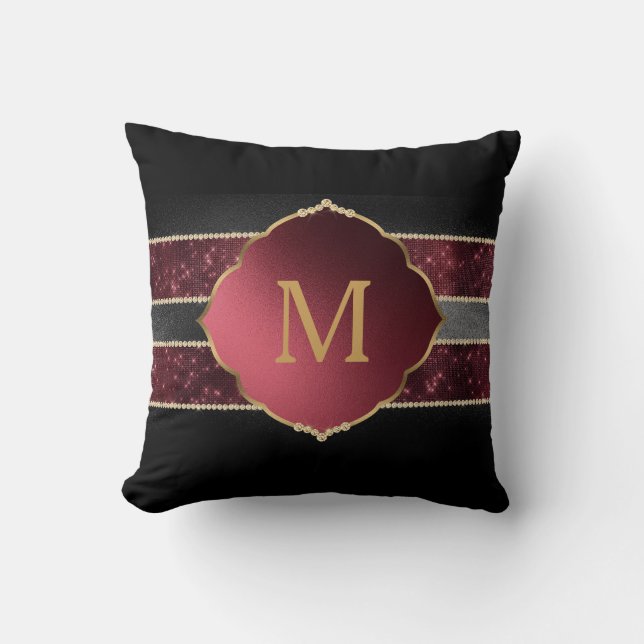 Elegant Paars Black Stripes Gold Monogramed Kussen (Voorkant)