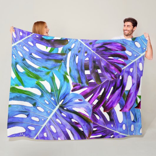 Elegant Paars Blue Tropical Monstera Leaf Pattern Fleece Deken (In situ)