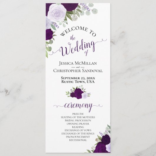 Elegant Paars Boho Waterverf Floral Wedding Programma (Voorkant)