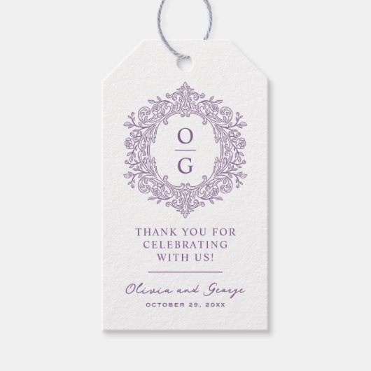 Elegant Paars Bruilofts Monogram Cadeaulabel (Voorkant)