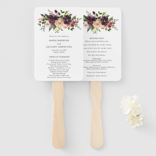 Elegant Paars Burgundy Floral Wedding Programme Handwaaier (Voorkant en achterkant)