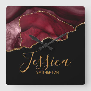 Elegant Paars Burgundy Gold Marble Agate Name  Vierkante Klok