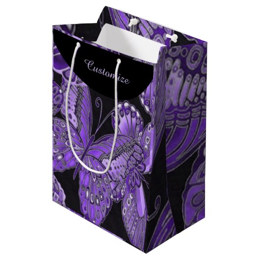 Elegant Paars Butterfly Pattern Gift Bag Medium Cadeauzakje (Voorkant Gekanteld)