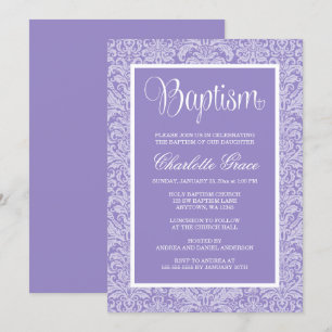 Elegant Paars Damask Girl Baptism Christening Kaart