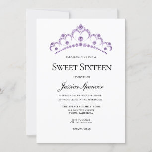 Elegant Paars Diamond Tiara Sweet 16 Invite Kaart