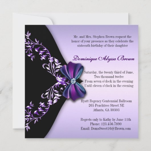 Elegant Paars en Black Invite met Diamond Bow Kaart (Achterkant)