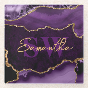 Elegant Paars en Faux Gold Glitter Marble Agate Glazen Onderzetter