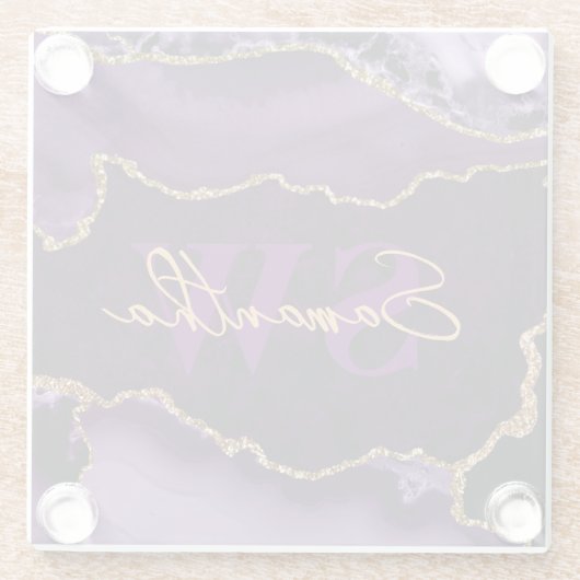 Elegant Paars en Faux Gold Glitter Marble Agate Glazen Onderzetter (Achterkant)