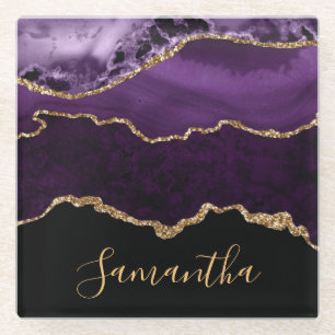 Elegant Paars en Faux Gold Glitter Marble Agate Glazen Onderzetter