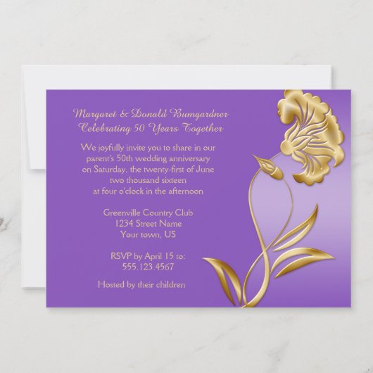 Elegant Paars en Gold 50e Jubileum nodigt uit Kaart (Achterkant)