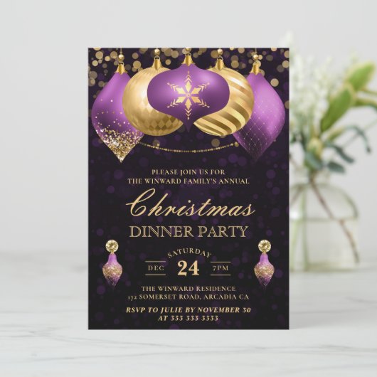 Elegant Paars en Gold Baubles kerstdiner Kaart (Staand voorkant)