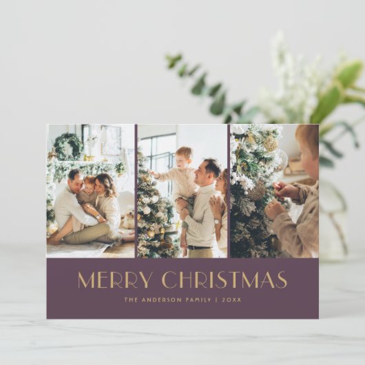 Elegant Paars en Gold Foil Stars FotoKerstmis Feestdagenkaart (Staand voorkant)