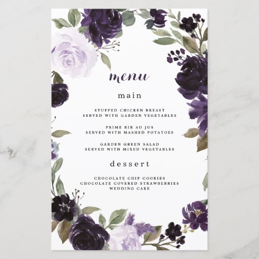 Elegant Paars en Gold Green Wedding Menu Kaarten (Voorkant)
