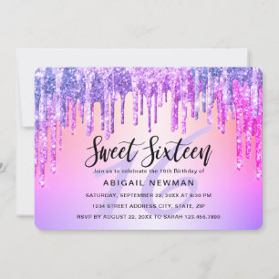 Elegant paars en roze glitter druppelt zoet zestie kaart