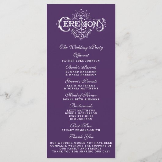Elegant Paars en White Wedding Ceremony Programma' Programma (Achterkant)