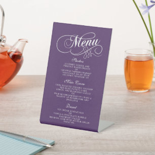 Elegant Paars en White Wedding Menu Sjablonen Reclamebord Met Voetstuk