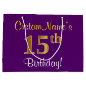 Elegant, Paars, Faux Gold 15th Birthday + naam Large Cadeautasje (Achterkant)