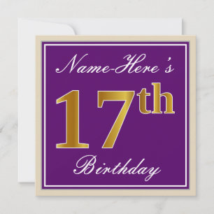 Elegant, Paars, Faux Gold 17th Birthday + naam Kaart