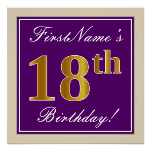 Elegant, Paars, Faux Gold 18th Birthday + naam Perfect Poster