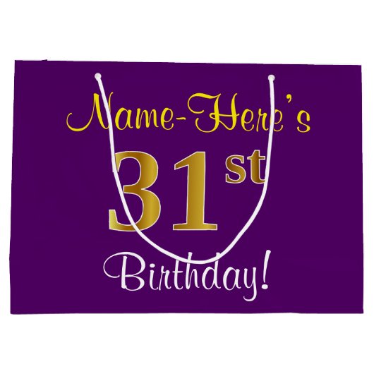 Elegant, Paars, Faux Gold 31st Birthday + naam Groot Cadeauzakje (Achterkant)