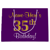Elegant, Paars, Faux Gold 35th Birthday + Naam Large Cadeautasje (Voorkant)