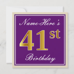 Elegant, Paars, Faux Gold 41st Birthday + naam Kaart